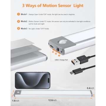 PRIORARE Motion Sensor Closet Light 54 LED Under Cabinet Night Lighting, 2500mAh Rechargeable Ultra Thin Magnetic Closet Lighting, 350lm Led Wireless Lights for Kitchen, Bedroom(White, 2Pack)