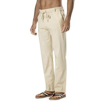 DELCARINO Men's Drawstring Linen Pant Elastic Waist Relaxed-Fit Casual Beach Trousers