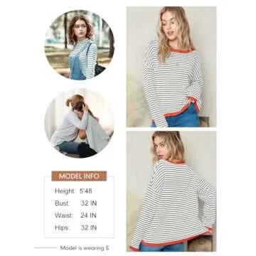 Dokotoo Summer Tops for Women 2025 Fashion Spring Crewneck Long Sleeve Clothes Tops Casual Striped Color Block Womens Pullover Sweater Gray Large
