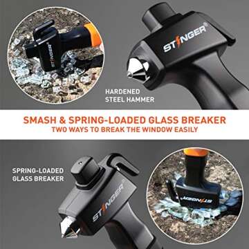 Stinger Super Duty Car Emergency Escape Tool, Hardened Carbon Steel Vehicle Safety Hammer, Spring Loaded Window Breaker, Razor Sharp Seat Belt Cutter, Auto Accident Life-Saving Rescue Tool (Orange)