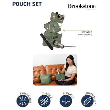 Brookstone Travel Storage Pouch - 3 Piece Flexible and Expandable Travel Zipper Pouch Set for Toilet...