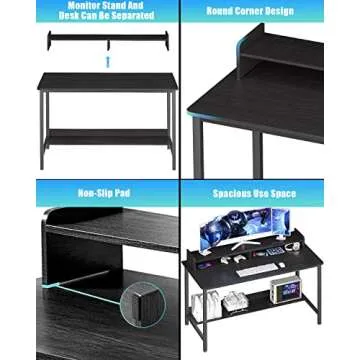 WOODYNLUX Computer Desk with Shelves, 43 Inch Gaming Writing Desk, Study PC Table Workstation with Storage for Home Office, Living Room, Bedroom, Metal Frame, Black.