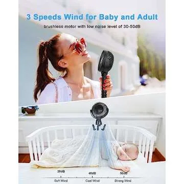 Coohea Stroller Fan Battery Operated Portable Fan USB Rechargeable Small Fan with Flexible Tripod Cooling Fan Clip on for Baby Stroller Car Seat Bike Golf Cart Beach Trip Outdoor, 3 Speeds Wind, Black