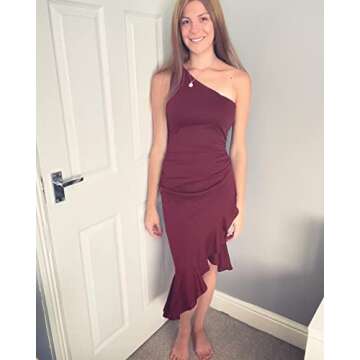 HUHOT Fall Wedding Guest Dresses Bridesmaid High Low Hem One Shoulder Ruffle Hem Mermaid Midi Dress Wine Red