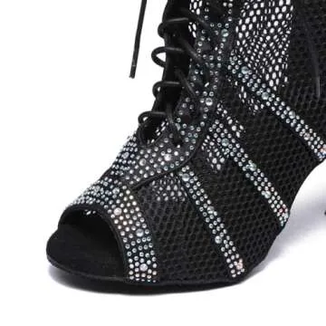 AOQUNFS Women Latin Dance Shoes Lace-up with Rhinestones