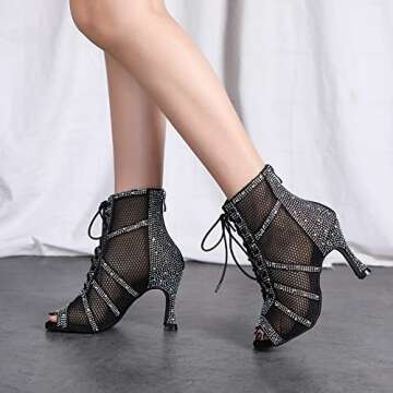 AOQUNFS Women Latin Dance Shoes Lace-up with Rhinestones