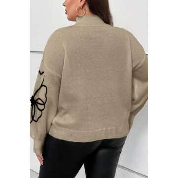 XAKALAKA Women's Plus Size Long Sleeve Big Flower Pattern High Neck Sweater