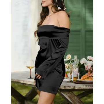 HYPERFIRE Women's Elegant Satin Off The Shoulder Long Sleeve Mini Dress Tie Back Wedding Cocktail Dresses Black X-Small