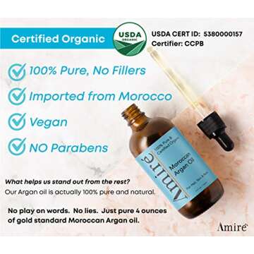 USDA Certified Organic Argan Oil 4oz, Triple Extra Virgin Grade Moroccan Argan Oil for Hair Growth. ...