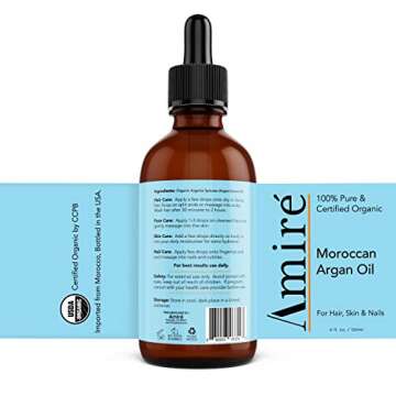 USDA Certified Organic Argan Oil 4oz, Triple Extra Virgin Grade Moroccan Argan Oil for Hair Growth. Skin, Face, & Nails. Moisturizer. Scalp Treatment Hair Oil for Dry, Damaged, Brittle Hair.