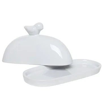 MyGift White Ceramic Butter Dish with Bird Lid Design