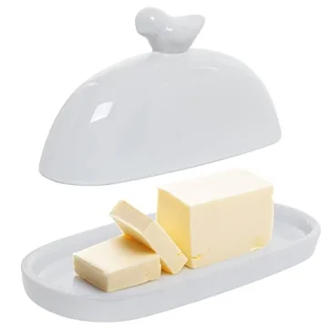 MyGift White Ceramic Butter Dish with Bird Lid Design
