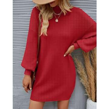 ZESICA Women's Spring Turtleneck Sweaters Dress Oversized Long Lantern Sleeve Casual Knit Pullover Short Dresses,Red,Medium