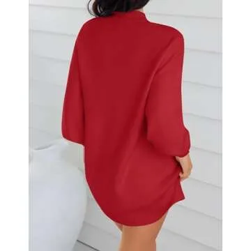 ZESICA Women's Spring Turtleneck Sweaters Dress Oversized Long Lantern Sleeve Casual Knit Pullover Short Dresses,Red,Medium