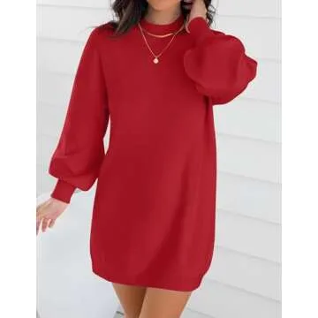 ZESICA Women's Spring Turtleneck Sweaters Dress Oversized Long Lantern Sleeve Casual Knit Pullover Short Dresses,Red,Medium