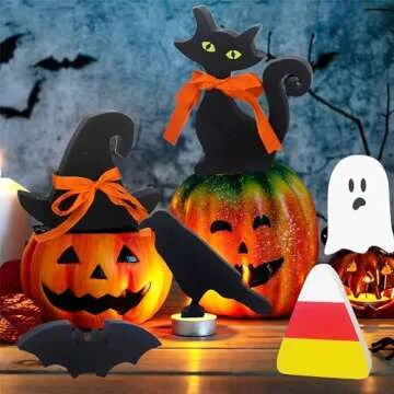 6 PCS Halloween Decorations Indoor, Halloween Table Decorations for Home, Free Standing Wooden Signs with Witch's Hat, Black Cat, Black Crow, Ghost, Bat, Candy Corn for Tiered Tray, Desk and Mantle.