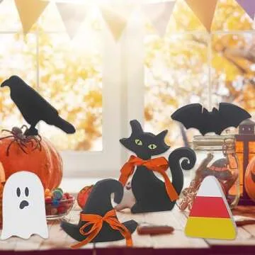 6 PCS Halloween Decorations Indoor, Halloween Table Decorations for Home, Free Standing Wooden Signs with Witch's Hat, Black Cat, Black Crow, Ghost, Bat, Candy Corn for Tiered Tray, Desk and Mantle.