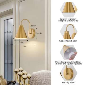 Powfloven Vintage Cordless Gooseneck Battery Operated Wall Sconces Set of 2, Gold Bedside Battery Po...