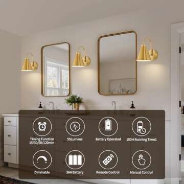 Powfloven Vintage Cordless Gooseneck Battery Operated Wall Sconces Set of 2, Gold Bedside Battery Powered Wall Decor Lamps with Remote Control, Wireless Indoor LED Lights Fixture for Bedroom Hallway