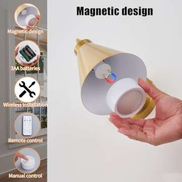 Powfloven Vintage Cordless Gooseneck Battery Operated Wall Sconces Set of 2, Gold Bedside Battery Powered Wall Decor Lamps with Remote Control, Wireless Indoor LED Lights Fixture for Bedroom Hallway