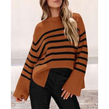 PRETTYGARDEN Women's 2024 Fall Striped Sweater Oversized Long Sleeve Crew Neck Side Slit Casual Trendy Knit Pullover Sweaters (Brown,X-Large)