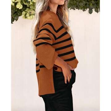 PRETTYGARDEN Women's 2024 Fall Striped Sweater Oversized Long Sleeve Crew Neck Side Slit Casual Trendy Knit Pullover Sweaters (Brown,X-Large)