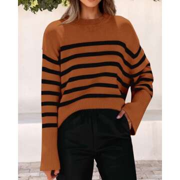 PRETTYGARDEN Women's 2024 Fall Striped Sweater Oversized Long Sleeve Crew Neck Side Slit Casual Trendy Knit Pullover Sweaters (Brown,X-Large)