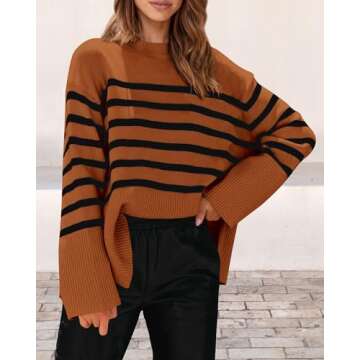 PRETTYGARDEN Women's 2024 Fall Striped Sweater Oversized Long Sleeve Crew Neck Side Slit Casual Trendy Knit Pullover Sweaters (Brown,X-Large)