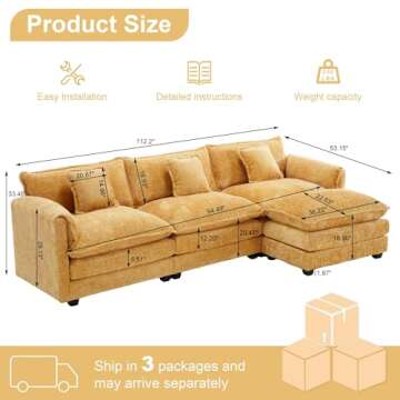 GNIXUU 112" Oversized Sectional Sofa Cloud Couch for Living Room, Modern Chenille L Shaped Couch, Co...