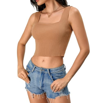 Versatile Verdusa Women's Square Neck Sleeveless Knit Crop Top Tank Brown