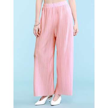Lock and Love LL WB1795 Womens Casual High Waisted Pleated Wide Leg Palazzo Pants Trousers with Elastic Waist Band L Pink