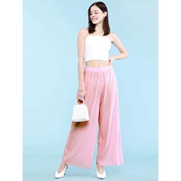 Lock and Love LL WB1795 Womens Casual High Waisted Pleated Wide Leg Palazzo Pants Trousers with Elastic Waist Band L Pink