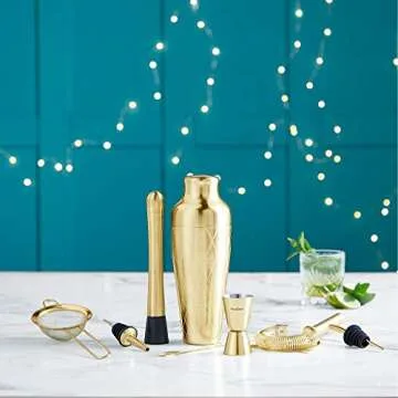 VonShef 9pc Gold Parisian Cocktail Shaker Bartender Set with Gift Box, Recipe Guide, Muddler, Jigger, Cocktail Strainers, Bar Spoon and Bottle Pourers