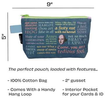 The Unemployed Philosophers Guild Shakespearean Insults Bag - 9" Canvas Zipper Shakespeare Themed Pouch for Pencils, Tools, Cosmetics, Toiletries and More