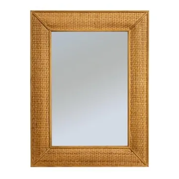 Creative Co-Op Rectangle Wood Framed Wall Mirror with Rattan Detail, Brown