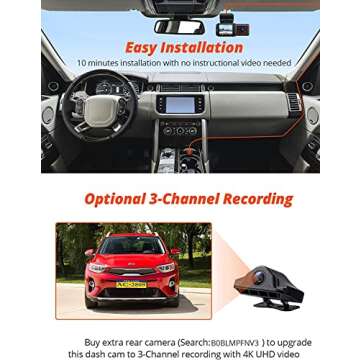 Kingslim D6-4K Dual Dash Cam - WiFi & GPS 4K Front and 1080P Inside Type-C Uber Car Camera with Super Night Vision and 24-Hour Parking Monitor, 3 Channel Dash Cam Optional, Black