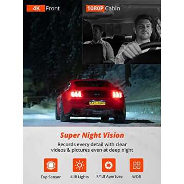 Kingslim D6-4K Dual Dash Cam - WiFi & GPS 4K Front and 1080P Inside Type-C Uber Car Camera with Super Night Vision and 24-Hour Parking Monitor, 3 Channel Dash Cam Optional, Black