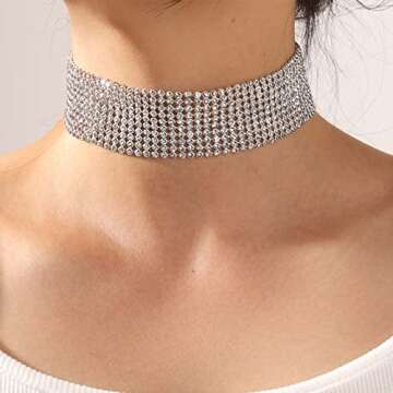 Sttiafay Punk Rhinestone Choker Necklace for Women Wide Full Diamond Necklace Chain 10-Row Sparkly C...