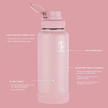 Takeya Actives 24 Oz Vacuum Insulated Stainless Steel Water Bottle with Spout Lid, Premium Quality, Blush