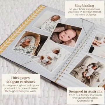 Peachly Minimalist Baby Memory Book | Baby First Year Keepsake for Milestones | Baby Books First Year Memory Book | Simple Baby Scrapbook for Boy or Girl Milestones | 60 Pages Grey Linen - Scandi