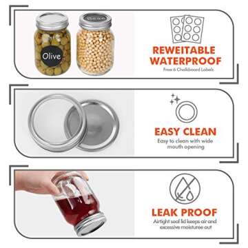 Eternal Moment Mason Jars 16 oz 6 Pack with Regular Lids and Bands, Canning Jars for Jam, Honey, Wedding Favors, Shower Favors, Baby Foods, DIY Magnetic Spice Jars, Overnight Oats, Jelly, Yogurt