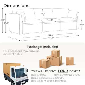 CHITA Sectional Modular Down Filled Sofa, Comfty Feather 3 Seat Cloud Couch, FSC Certified Modern De...