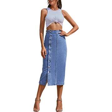 ELSTAROA Women's Casual High Waisted Solid Button Up Denim Jean Skirt Light Blue