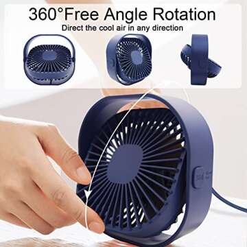 Desk Fan Portable Personal Table Small Desktop Cooling 3 Speeds Quiet Mini With Cable Powered by USB 360° Rotation Micro Fan for Home Office Bedroom Car Outdoor Camping Travel (Blue)