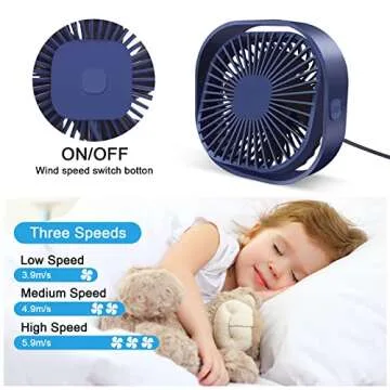 Desk Fan Portable Personal Table Small Desktop Cooling 3 Speeds Quiet Mini With Cable Powered by USB 360° Rotation Micro Fan for Home Office Bedroom Car Outdoor Camping Travel (Blue)