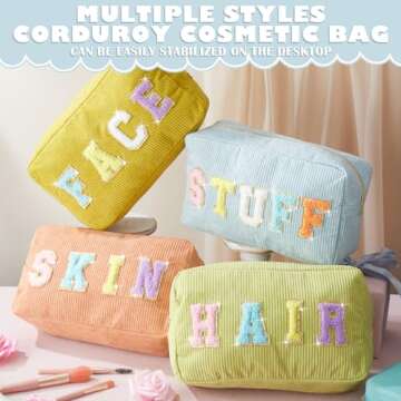 Pinkunn 4 Pcs Preppy Makeup Bags Chenille Letter Bag Face Skin Hair Stuff Corduroy Cosmetic Makeup Pouch with Zipper wedding Birthday Gifts for Women(Candy Color)