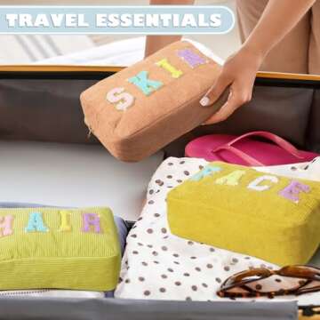 Pinkunn 4 Pcs Preppy Makeup Bags Chenille Letter Bag Face Skin Hair Stuff Corduroy Cosmetic Makeup Pouch with Zipper wedding Birthday Gifts for Women(Candy Color)