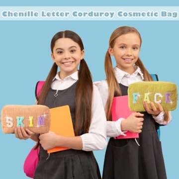 Pinkunn 4 Pcs Preppy Makeup Bags Chenille Letter Bag Face Skin Hair Stuff Corduroy Cosmetic Makeup Pouch with Zipper wedding Birthday Gifts for Women(Candy Color)