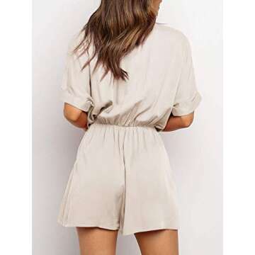 Ivay Womens V Neck Button Rompers Knot Tie Short Sleeve Sexy Loose Playsuit Jumpsuit with Pockets