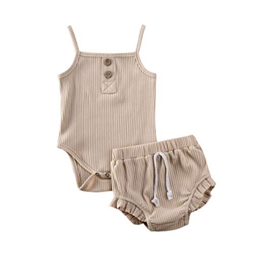 Newborn Infant Baby Girl Knitted Clothes Ruffled Vest Top Shorts Headband 3Pcs Ribbed Outfit Set (Pi...